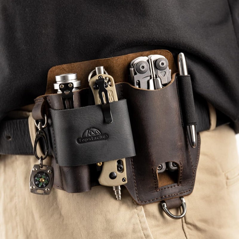 topstache Leather Multitool Sheath,EDC Belt Organizer for Work and Daily Use,Leatherman Sheath,EDC Pocket Organizer for Flashlight and Multitool,Gifts for Men,Leather Sheath for Multitool - Image 2